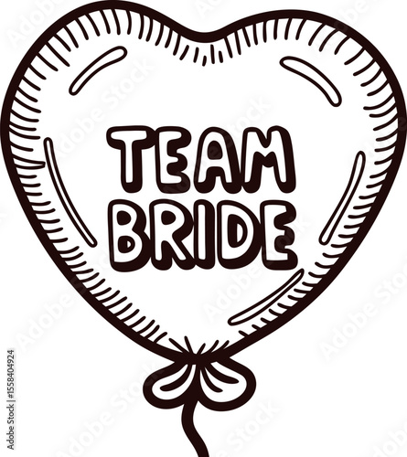 Heart shaped team bride balloon illustration in black and white line art for bridal party or bachelorette celebration