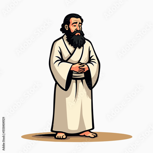 Cartoon Illustration of a Pensive Man with a Beard Wearing a Robe, Standing Contemplatively