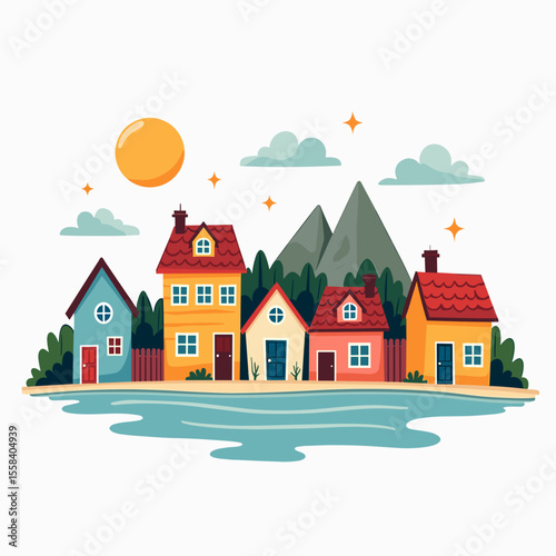 Colorful Cartoon Houses by the Water with Mountains and Sun Illustration