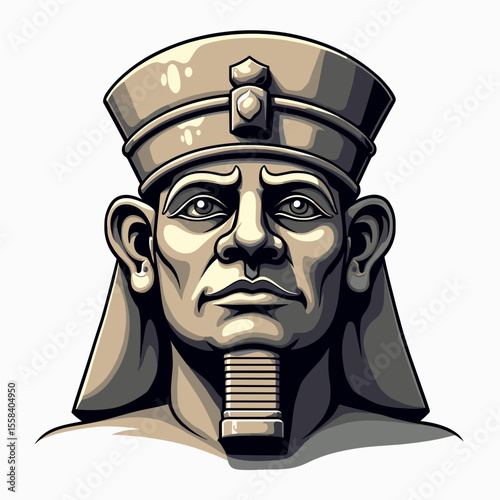 Detailed Illustration of an Ancient Egyptian Pharaoh Statue with Intricate Headdress and Beard