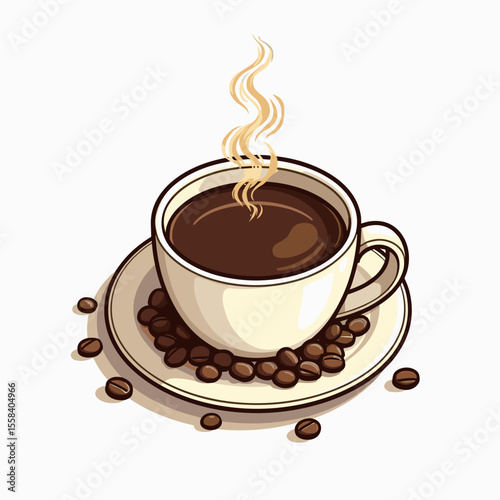 Aromatic Cup of Hot Coffee with Coffee Beans Illustration, Perfect for a Morning Boost