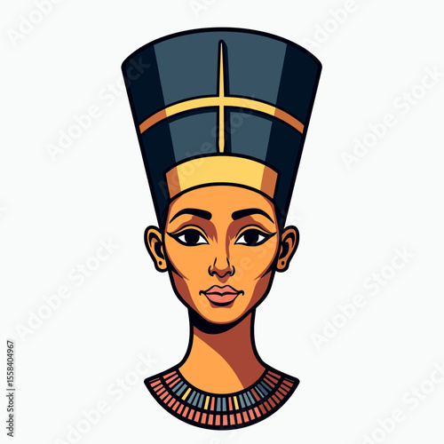 Nefertiti Cartoon Portrait Illustration with Egyptian Headdress and Detailed Facial Features, Emphasizing Ancient Beauty and Elegance