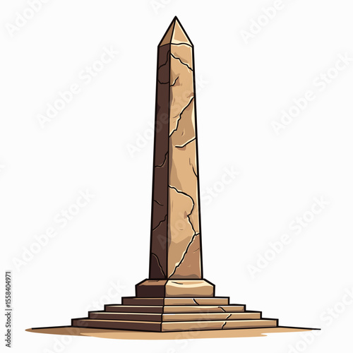 Illustration of a Cracked Stone Obelisk Monument with a Stepped Base, Ancient Structure