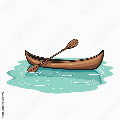 Illustration of a Brown Canoe with a Paddle on Calm Blue Water, a Leisurely Water Activity