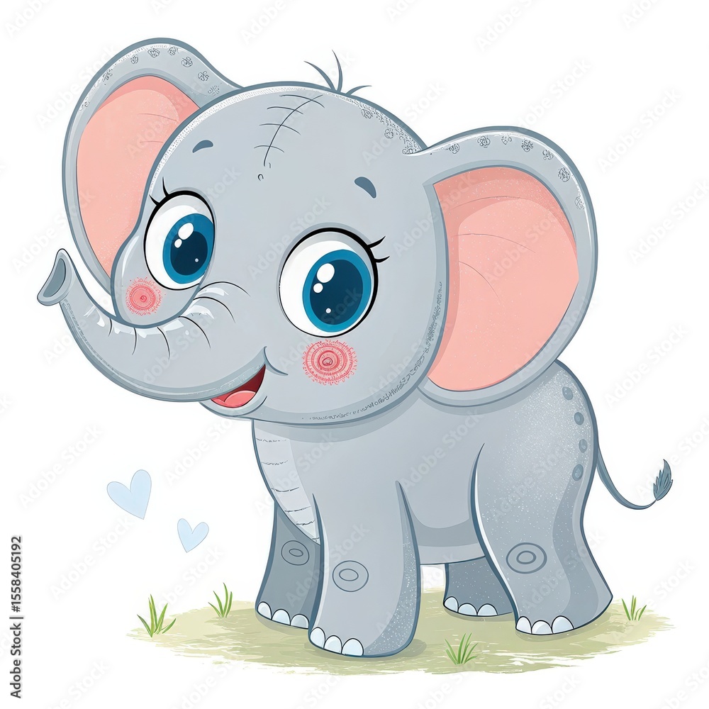 Naklejka premium Cheerful Gray Elephant Cartoon with Big Blue Eyes and Two Hearts on White Background
