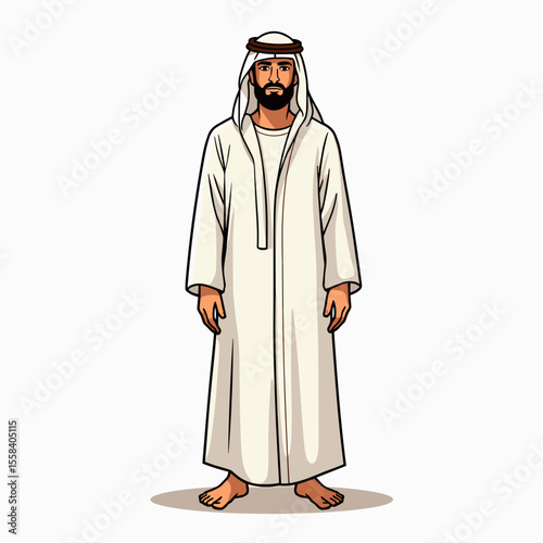 Illustration of a Traditional Arab Man in White Thobe Standing on White Background