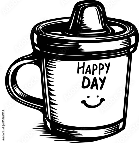 Hand drawn sippy cup with happy face and happy day text, vintage engraved black and white illustration
