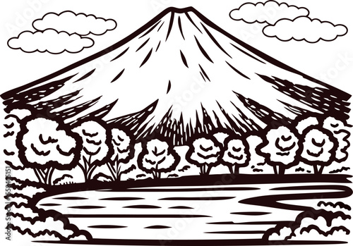 Hand drawn mountain landscape with snow peak, trees and lake, vintage black and white illustration