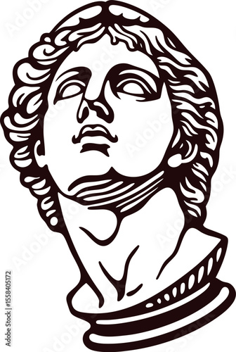Classical male bust illustration with curly hair and upward gaze in vintage engraving