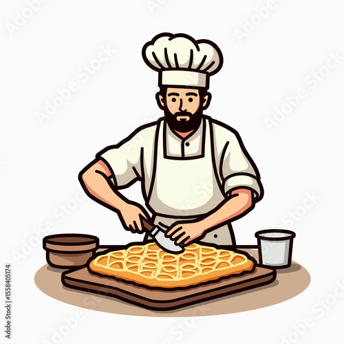 Cartoon Chef Cutting Pizza on a Wooden Board in a Kitchen Illustration with Clean Lines