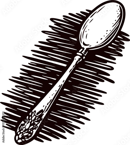 Hand drawn antique silver spoon with floral ornament, vintage engraving black and white illustration
