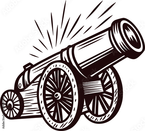 Vintage engraved illustration of an old fashioned cannon with cannonballs and explosion effect on white background