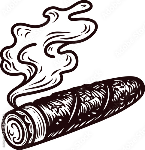 Hand drawn smoking cigar with swirling smoke, vintage engraved isolated on white background