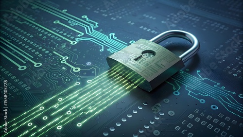 Digital Fortress A gleaming padlock rests on a circuit board, glowing green data streams flowing from its core, symbolizing robust cybersecurity and data protection.