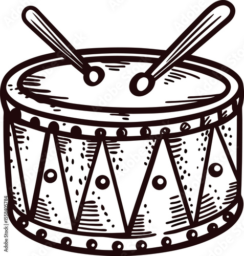 Hand drawn snare drum with drumsticks isolated on white background vintage musical instrument sketch illustration