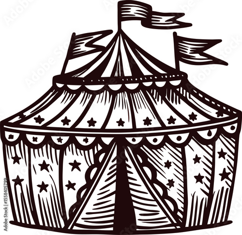 Vintage engraved illustration of circus tent with flags and ornamental details on white background