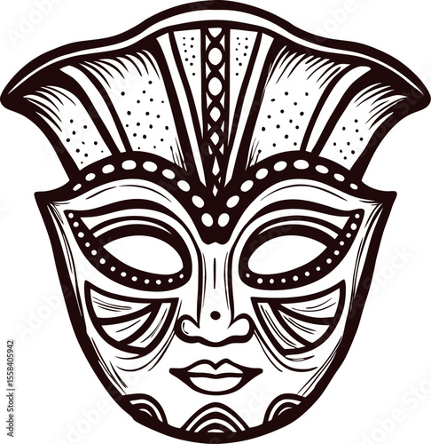 Intricate hand drawn tribal ceremonial mask with decorative patterns and bold black outline illustration