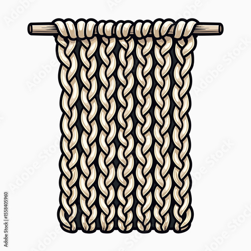 Illustration of a Cream Colored Knitted Scarf Hanging from a Wooden Rod, Detailed Stitch Pattern