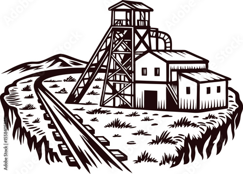 Woodcut mining facility illustration with rail tracks and mountainous landscape in the background