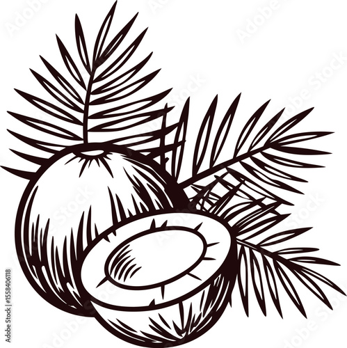Hand drawn coconut fruit with palm leaves illustration isolated on white background in vintage engraved