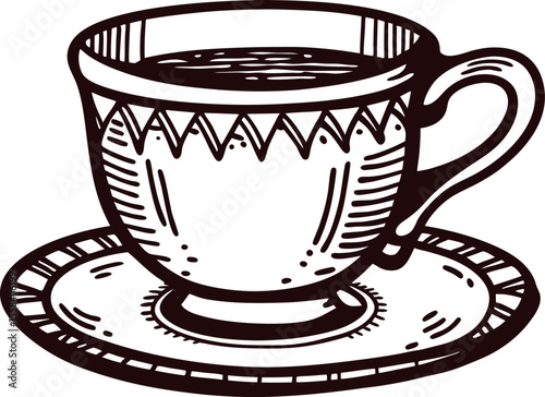 Hand drawn teacup with saucer filled with tea, vintage engraved illustration, isolated on white background