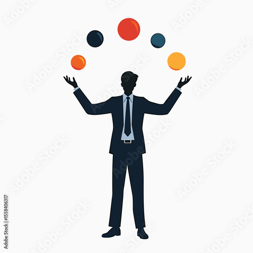 Silhouette of a Business Man Juggling Colorful Balls, Representing Skill and Multitasking in a Flat Design