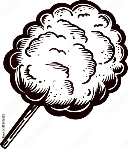 Vintage hand drawn illustration of cotton candy on stick isolated on white background, sketch dessert treat icon