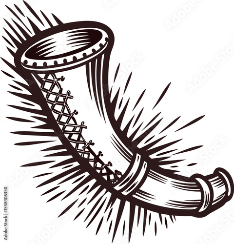 Engraved illustration of traditional viking drinking horn with decorative stitching and detailed etching