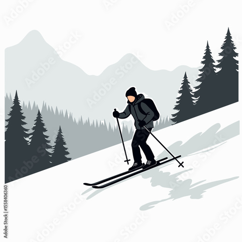 Person Skiing Down a Snowy Slope in a Mountain Landscape Illustration with Evergreen Trees