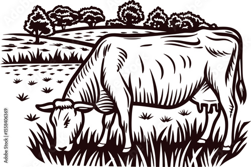 Engraved dairy cow grazing on grass with rural landscape and trees in vintage black and white illustration