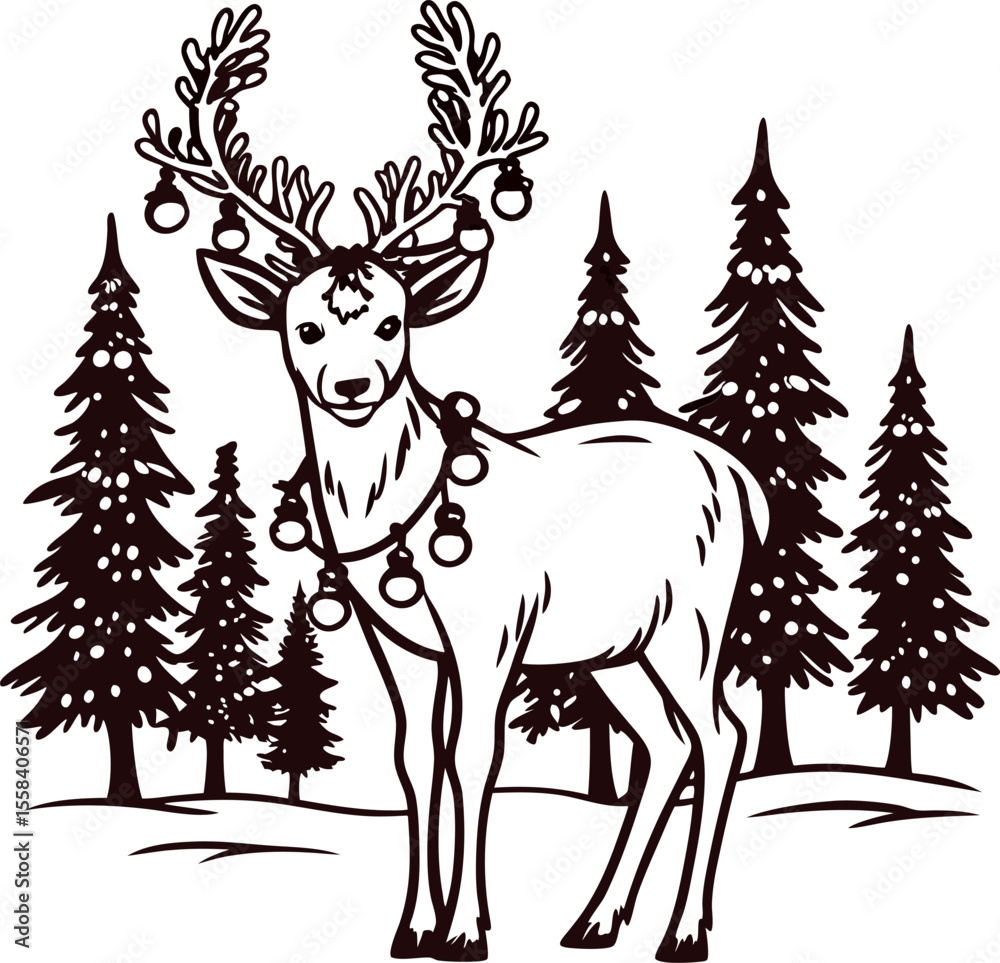 Fototapeta premium Decorative reindeer with ornamented antlers in winter forest hand drawn vintage illustration