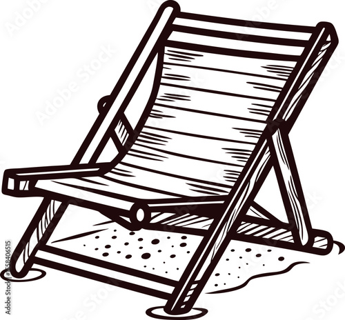 Hand drawn wooden beach chair on sand in vintage isolated on white background illustration