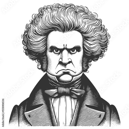 Funny furious man with exaggerated wild hair, intense eyes in vintage attire sketch engraving generative ai fictional character vector illustration. Scratch board. Black and white