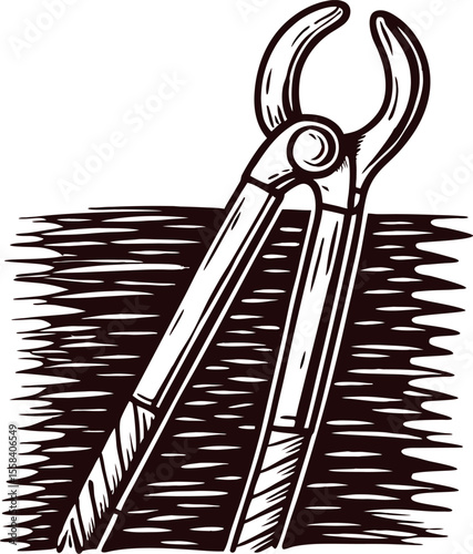 Vintage engraved drawing of carpenters pincers isolated on textured background