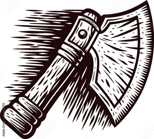 Hand drawn engraved hatchet illustration with detailed wooden handle and sharp metal blade in vintage sketch