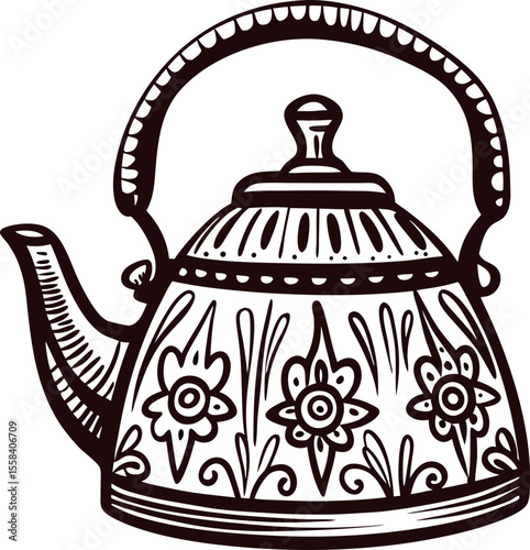 Ornate hand drawn teapot with floral decorative pattern and curved handle detailed sketch illustration