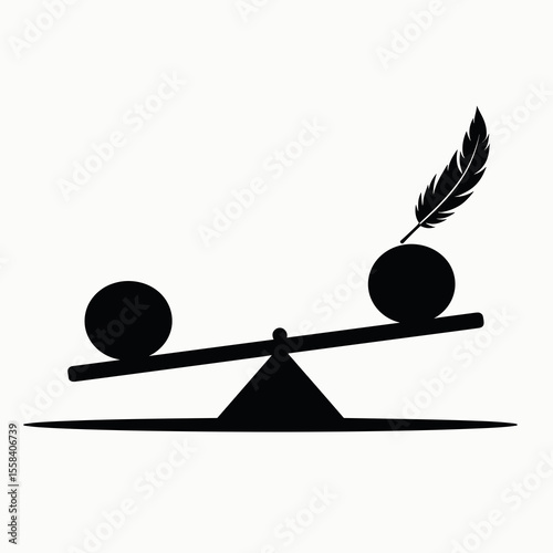 Conceptual Balance Illustration with Feather and Sphere on a Seesaw, Representing Equilibrium and Justice