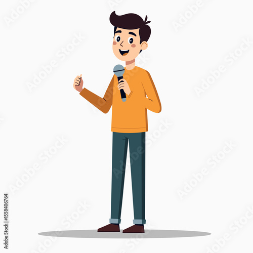 Cartoon Man Giving a Speech Holding a Microphone Illustration on White Background