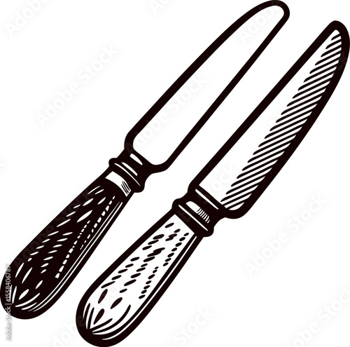 Vintage engraved illustration of two antique table knives with ornate handles side by side isolated on white background