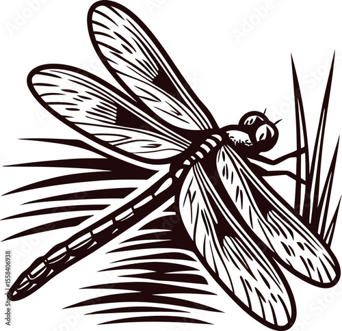 Detailed vintage engraving of a dragonfly resting on grass, monochrome insect illustration with intricate wing pattern