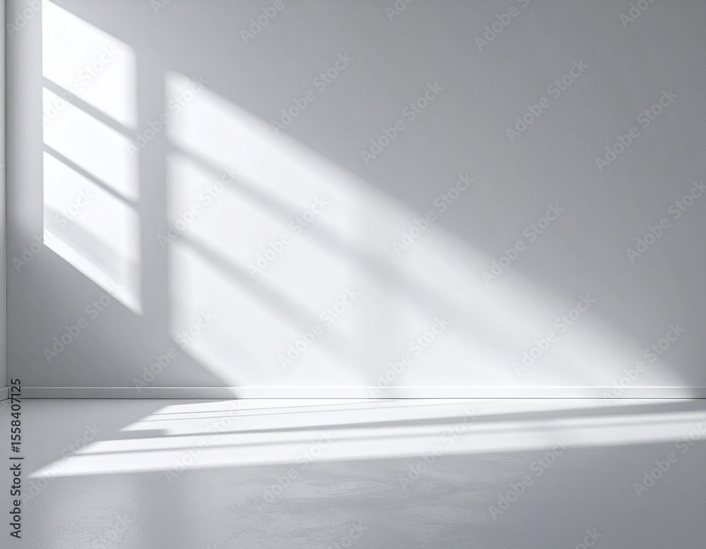 Obraz premium High-quality render of a white room with large windows casting dramatic soft shadows, perfect for minimal product mockups and design backgrounds