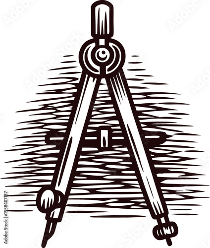 Vintage engraved drawing of drafting compass tool for technical drawing on shaded background
