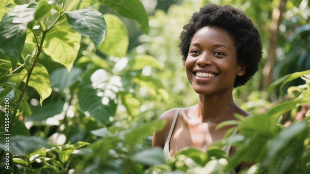 A black lady stands in a lush natural environment, with a bright smile, conveying a relaxed and pleasant atmosphere. A black lady stands in a lush natural environment, with a bright smile, conveying a relaxed and pleasant atmosphere.
