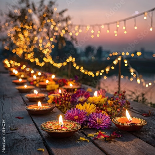 Diwali oil lamps and vibrant flowers on wooden table with bokeh string lights at sunset celebration