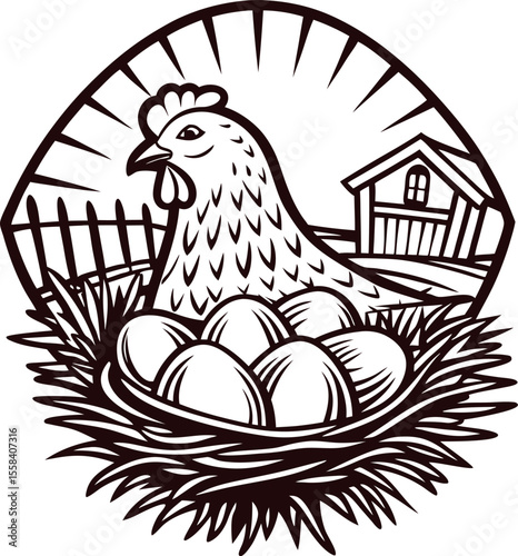 Hen sitting beside nest with eggs in farmyard, vintage hand drawn engraving illustration