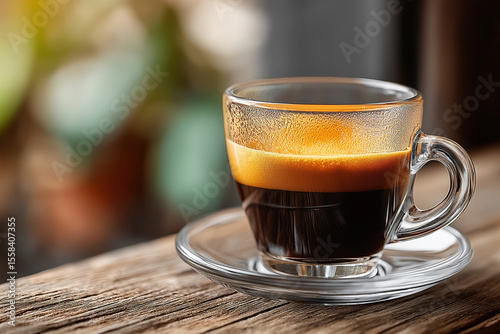 Fresh Espresso on Wooden Table