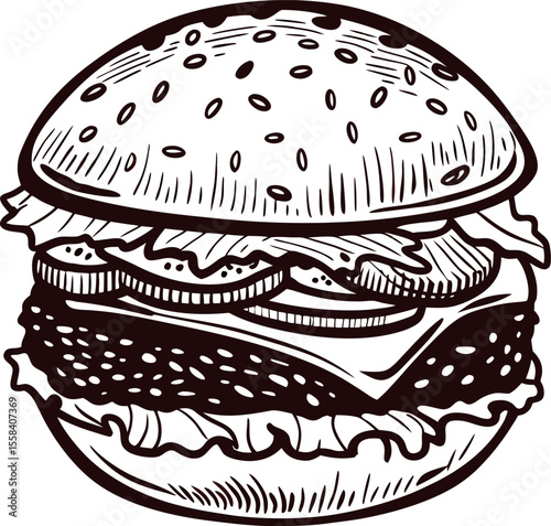 Hand drawn illustration of a classic cheeseburger with lettuce, tomato, cheese, and sesame seed bun on white background