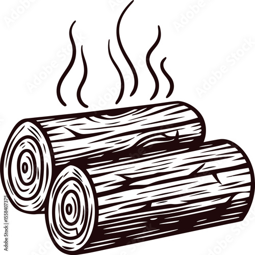 Hand drawn steaming firewood logs isolated on white background vintage engraved black and white woodcut illustration