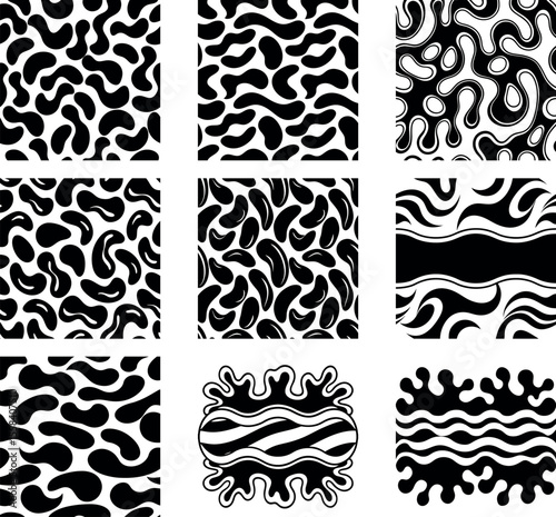 Abstract vector seamless patterns: bold black and white organic shapes