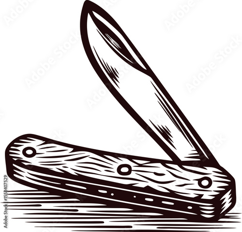 Vintage engraved illustration of an open folding pocket knife with wooden handle in rustic sketch